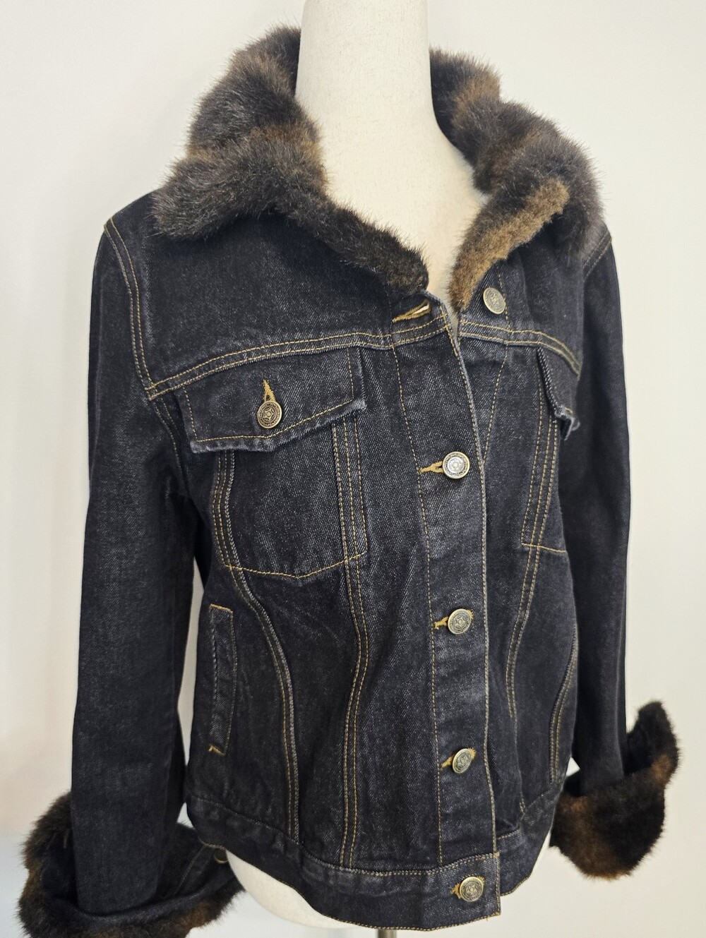 Fuda New York Faux Fur Trim Denim Jacket Y2K Dark Wash Glam Vintage Mob Wife - Picture 2 of 13